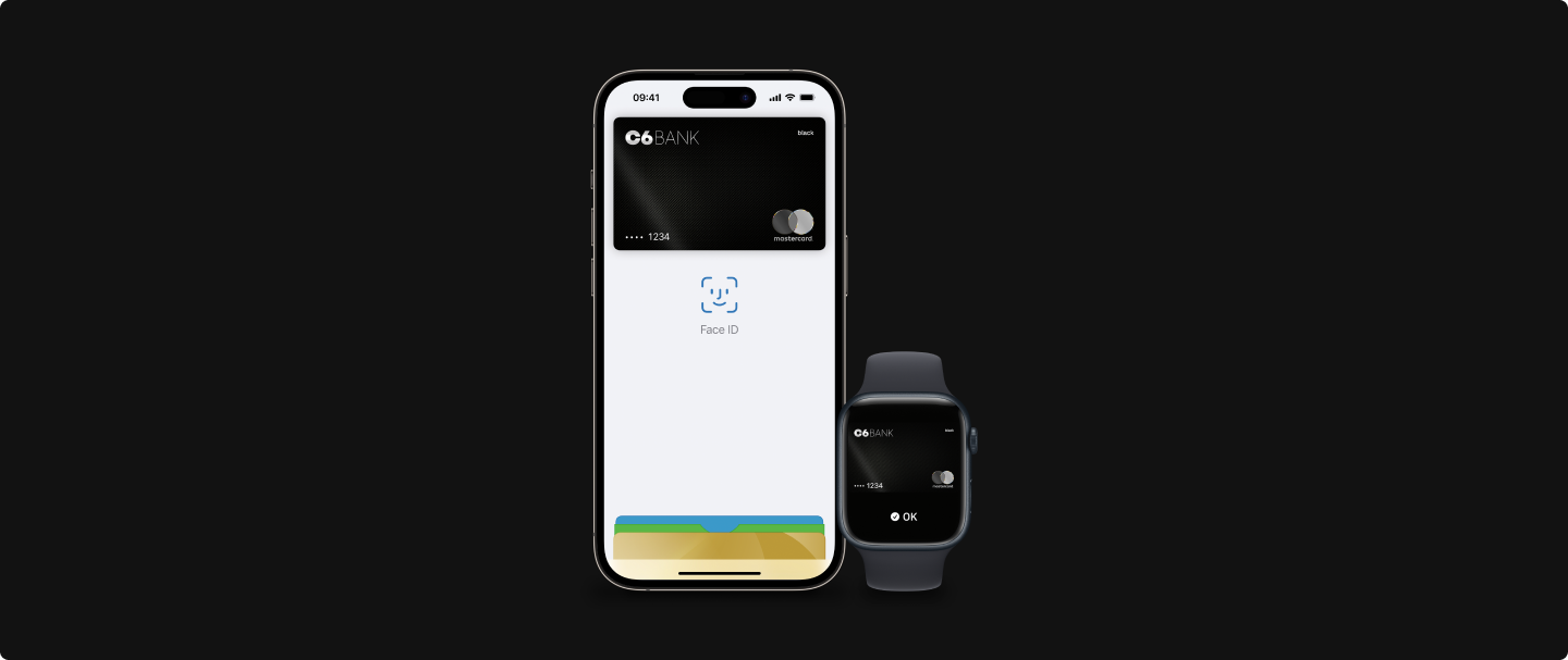 Fotografia de celular e relógio da Apple, ambos com o cartão do C6 Bank na tela