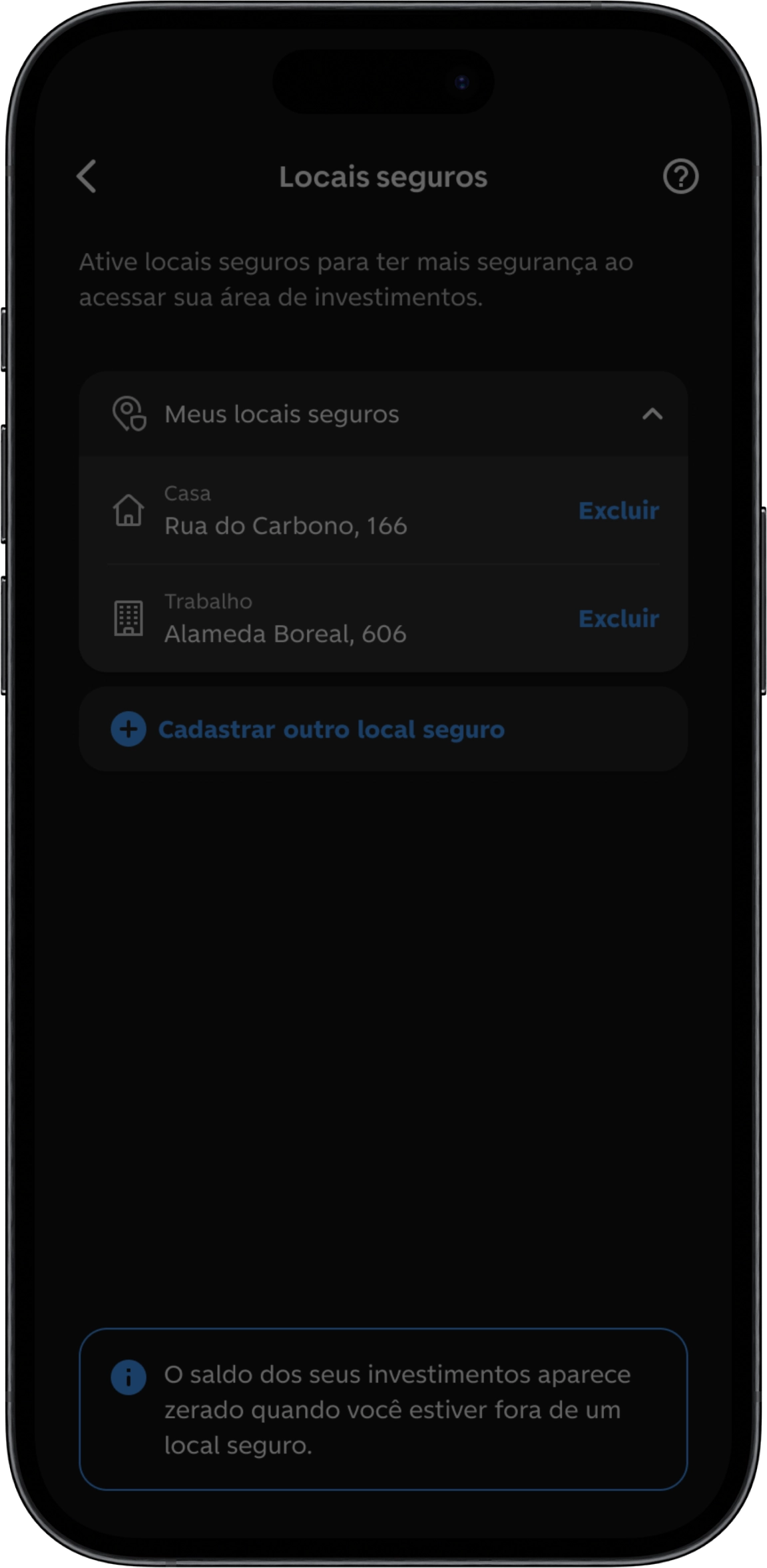Tela do app do C6 Bank mostra locais seguros cadastrados para acesso a investimentos.