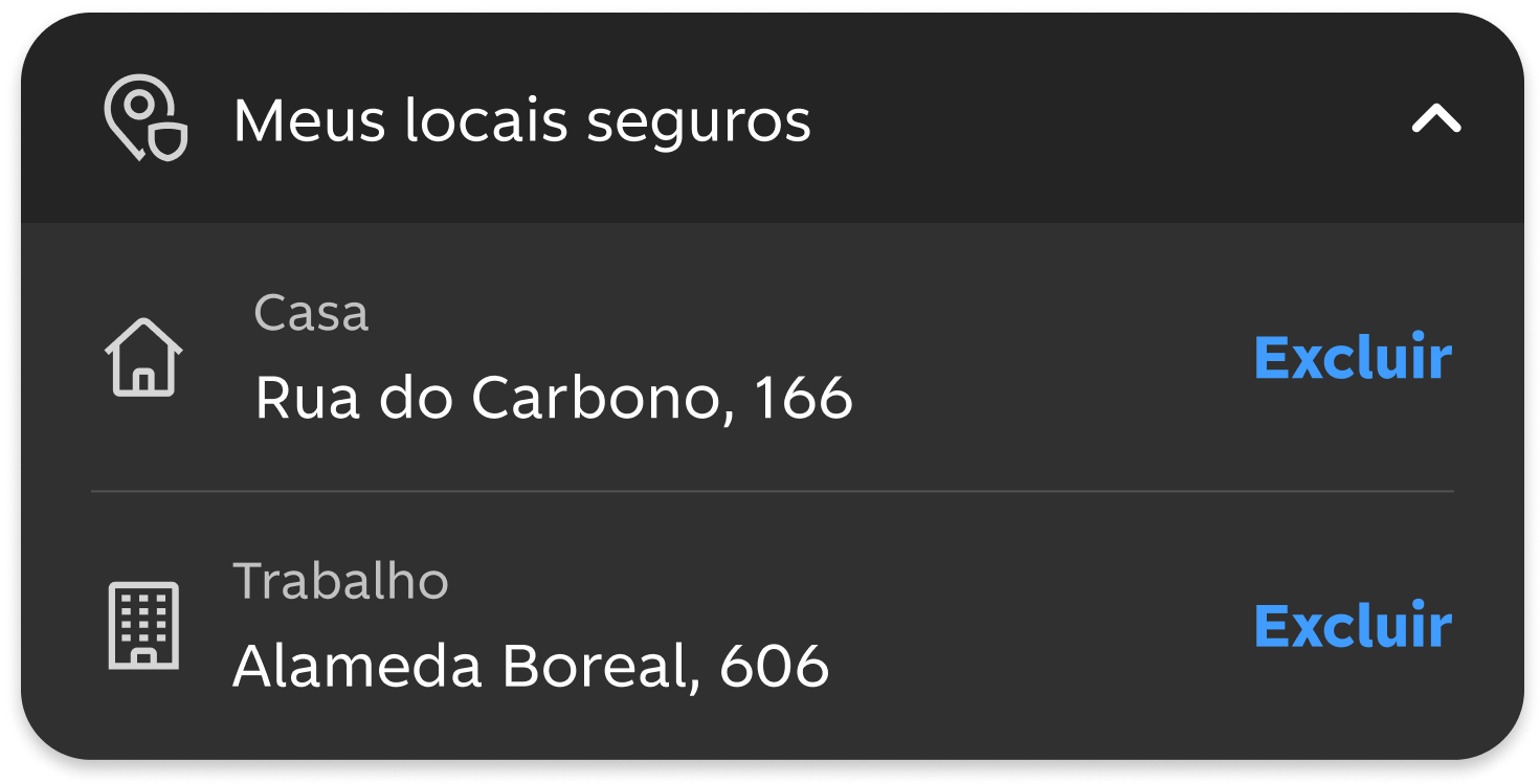 Tela do app do C6 Bank mostra locais seguros cadastrados para acesso a investimentos.