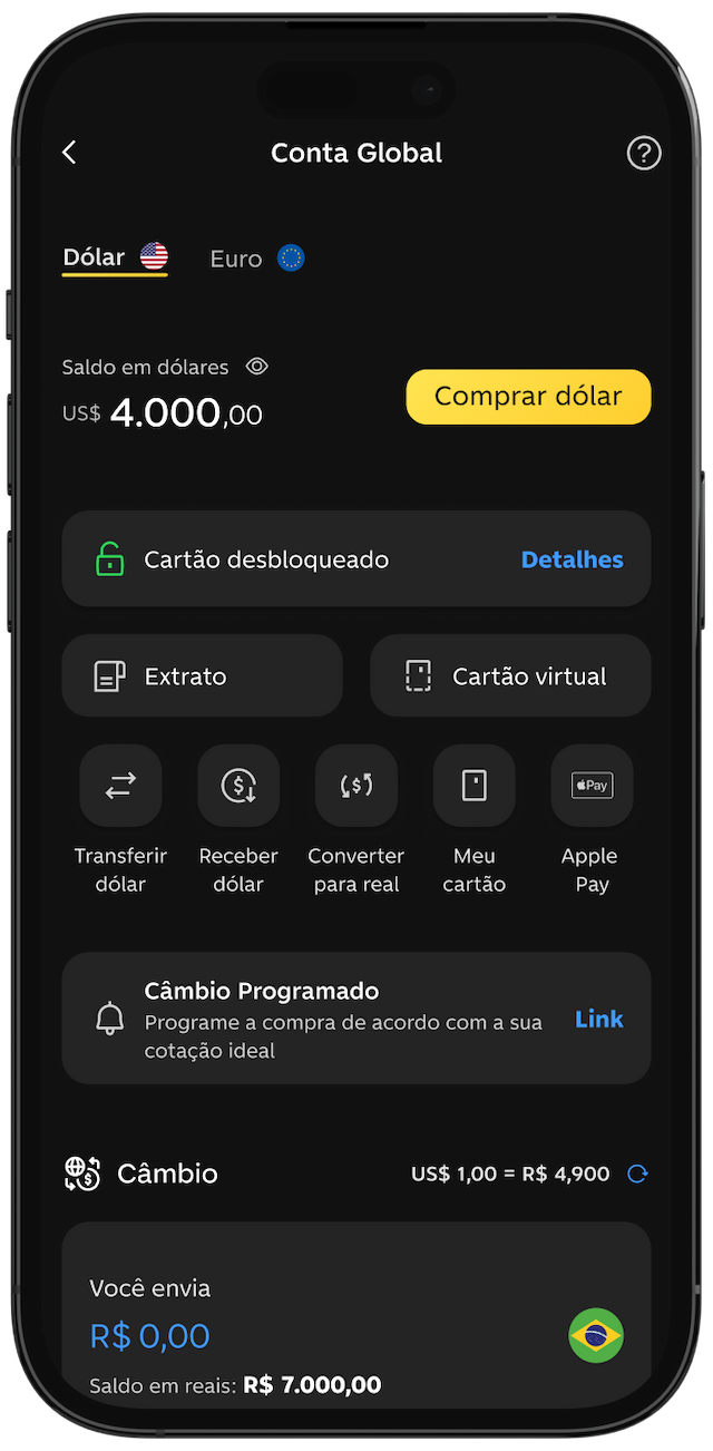 Tela do app do C6 Bank exibe saldo da C6 Conta Global, com opções de compra de moeda e gestão da conta.