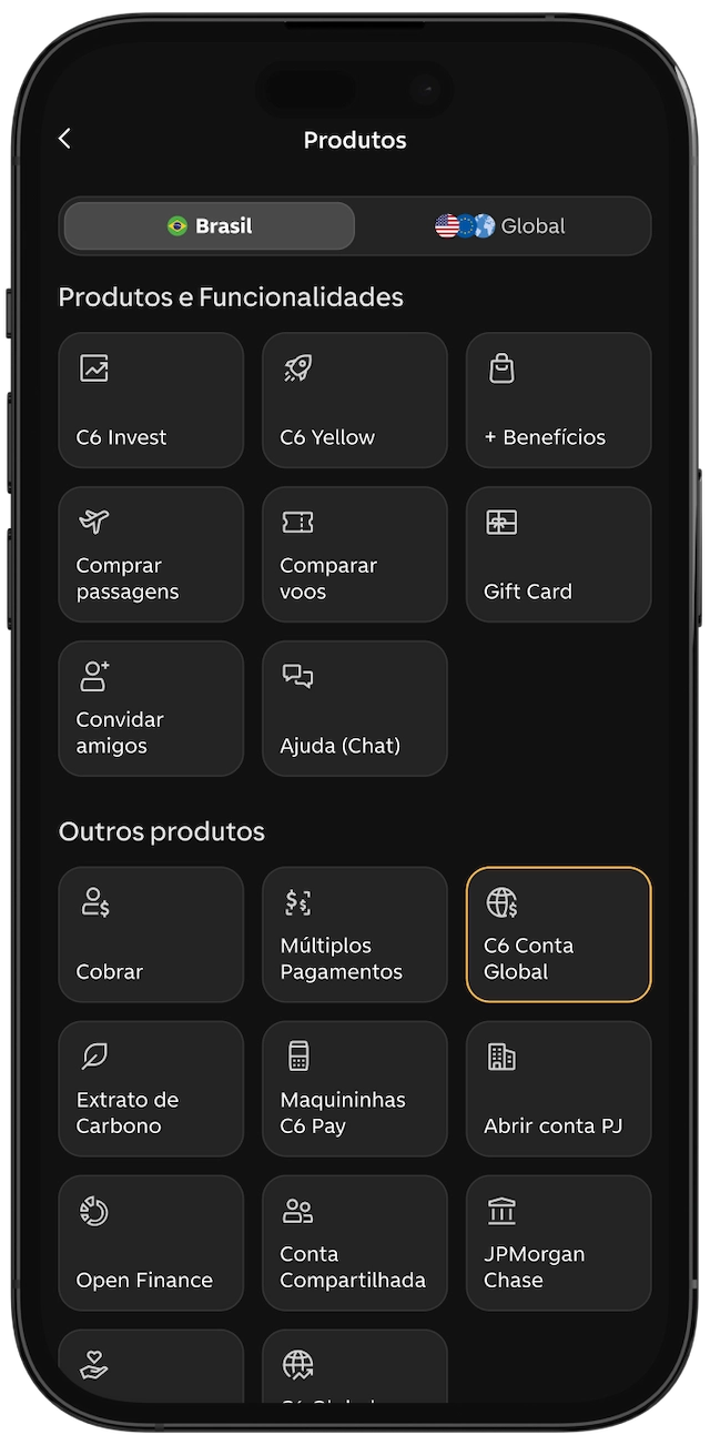 Tela do app do C6 Bank mostra o menu, com "C6 Conta Global" destacado entre os produtos e serviços.