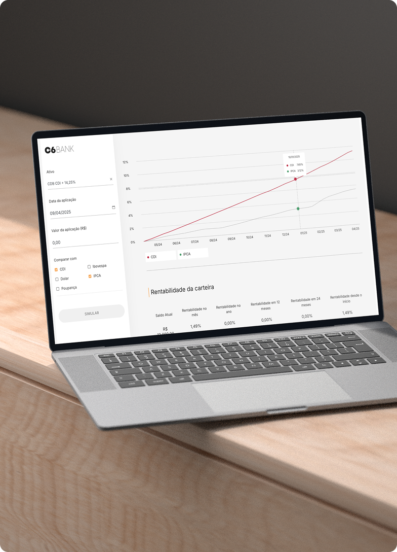 Notebook mostra o simulador de investimentos do C6 Bank com gráfico e dados de rentabilidade.