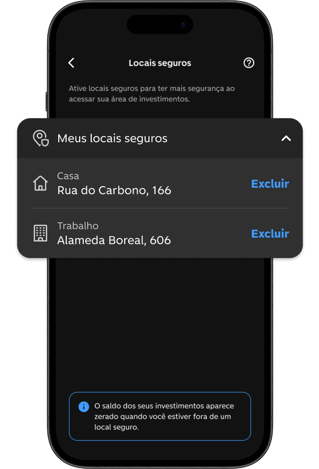 Tela do app do C6 Bank exibe locais seguros cadastrados para acesso a investimentos.