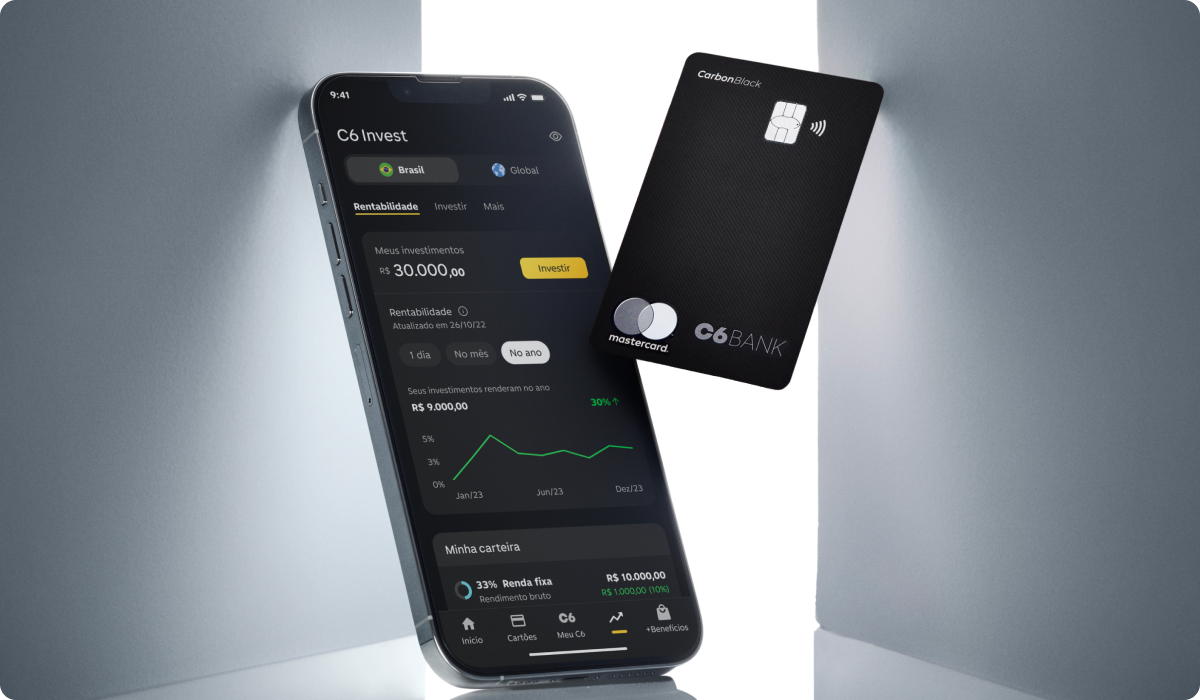 App C6 Invest aberto ao lado do Cartão C6 Carbon. Visual limpo e moderno destaca tecnologia e investimentos.