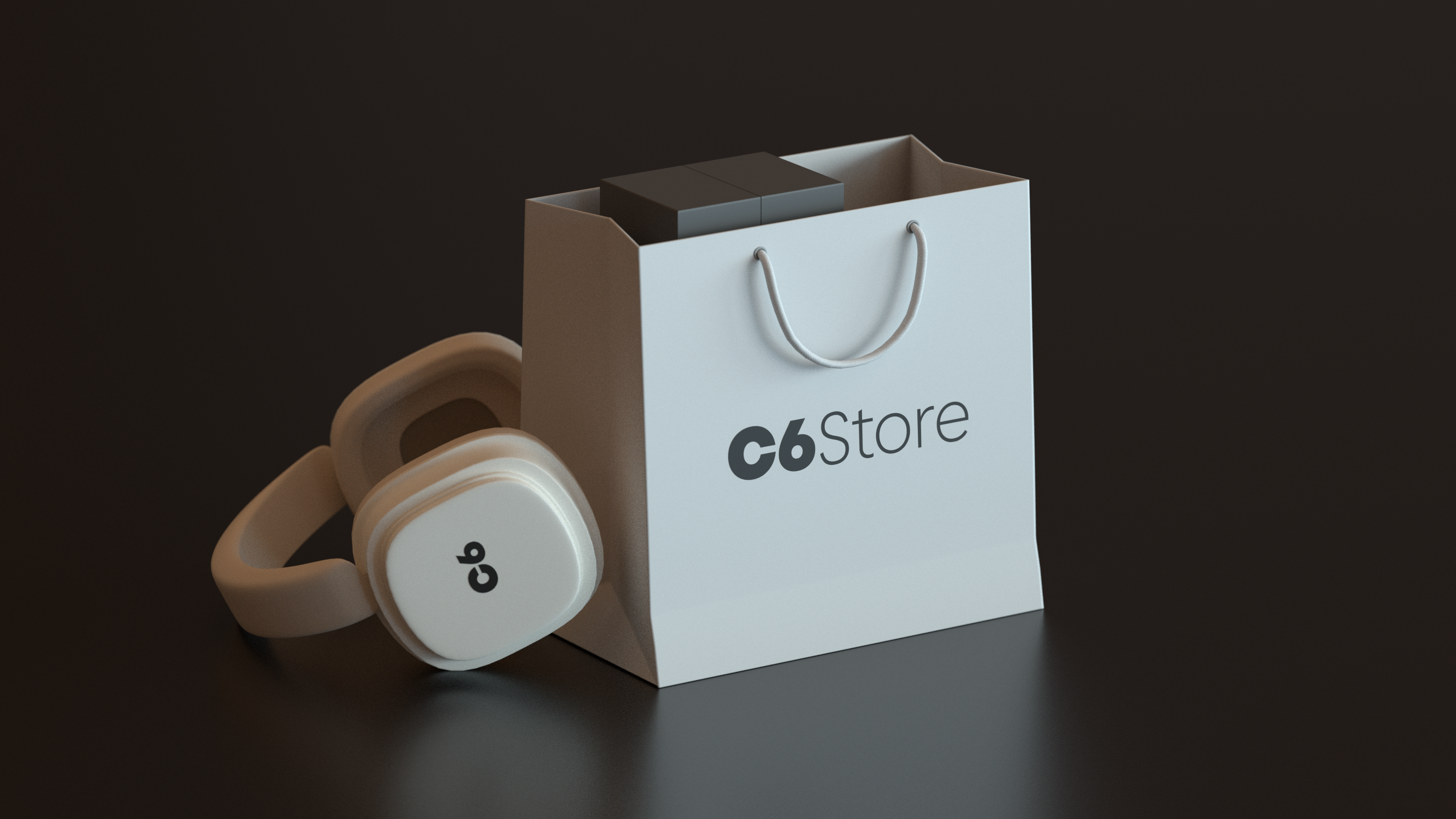 Sacola C6 Store com caixas e fone branco com logo “C6” sobre fundo escuro. Cena sugere produtos tecnológicos.