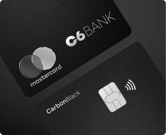 Dois cartões C6 Mastercard Black em fundo escuro com destaque para chip, aproximação e logos.