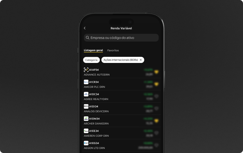 App do C6 Bank, aberto na tela do catálogo de Renda Variável, em Ações Internacionais (BDRs).