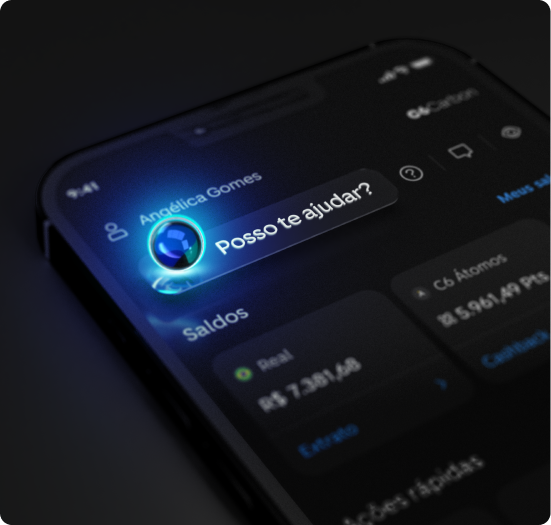 Tela do app C6 Bank com destaque para o C6 Assistant em 3D e mensagem “Posso te ajudar?”.