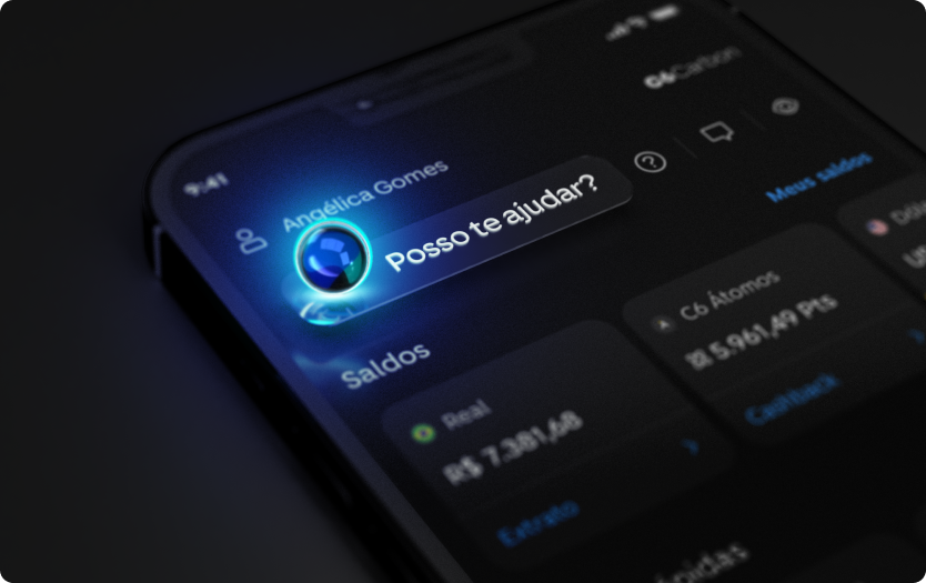 Tela do app C6 Bank com destaque para o C6 Assistant em 3D e mensagem “Posso te ajudar?”.