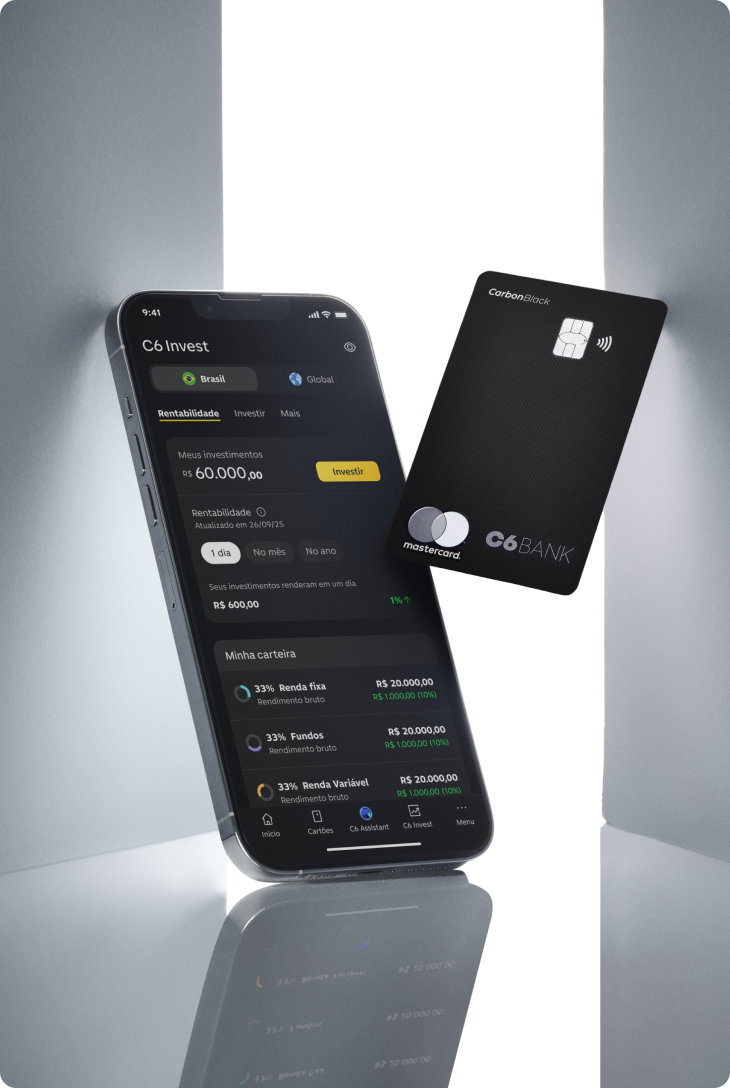 App C6 Invest aberto ao lado do Cartão C6 Carbon. Visual limpo e moderno destaca tecnologia e investimentos.