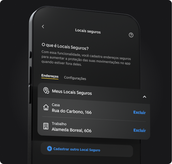 Tela do app C6 Bank mostra “Locais seguros” com endereços de casa e trabalho cadastrados.