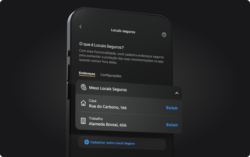 Tela do app C6 Bank mostra “Locais seguros” com endereços de casa e trabalho cadastrados.