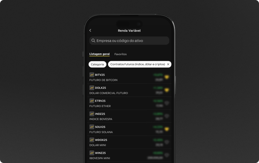 App do C6 Bank, aberto na tela do catálogo de Renda Variável, em Contratos Futuros.
