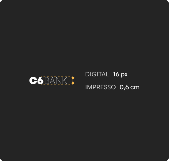 Logotipo C6 Bank com indicação de tamanho mínimo digital e impresso.