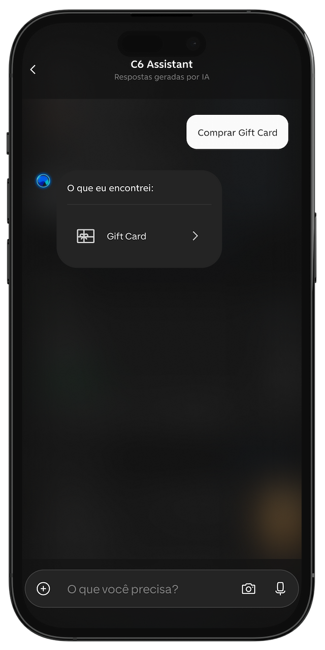 Tela do app do C6 Bank, no C6 Assistant, solicitando a compra de um Gift Card