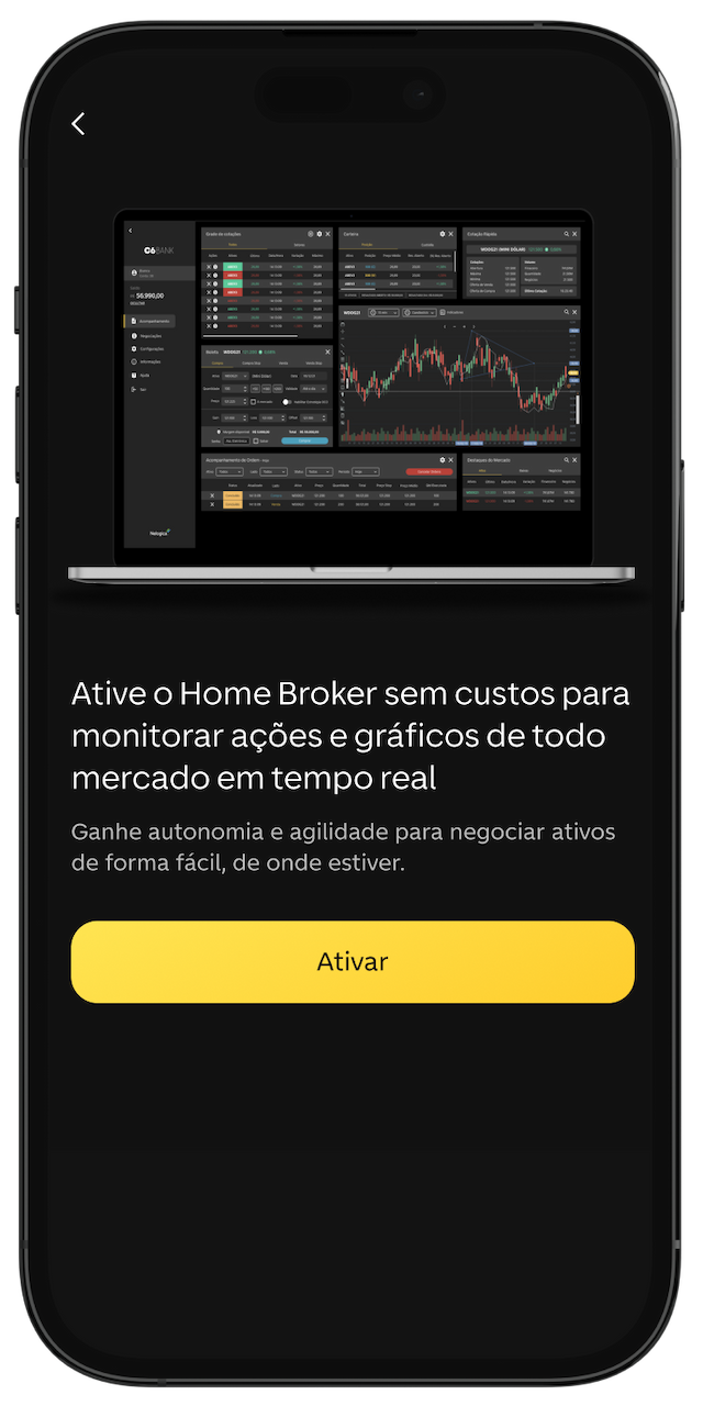 Tela do app do C6 Bank para ativação do Home Broker.