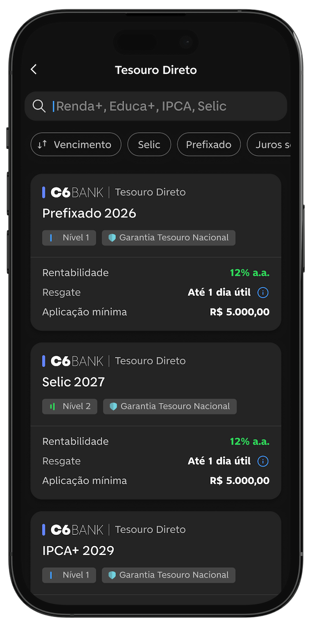 Tela com três opções de Tesouro Direto no app C6 Invest, com detalhes de rentabilidade e resgate.
