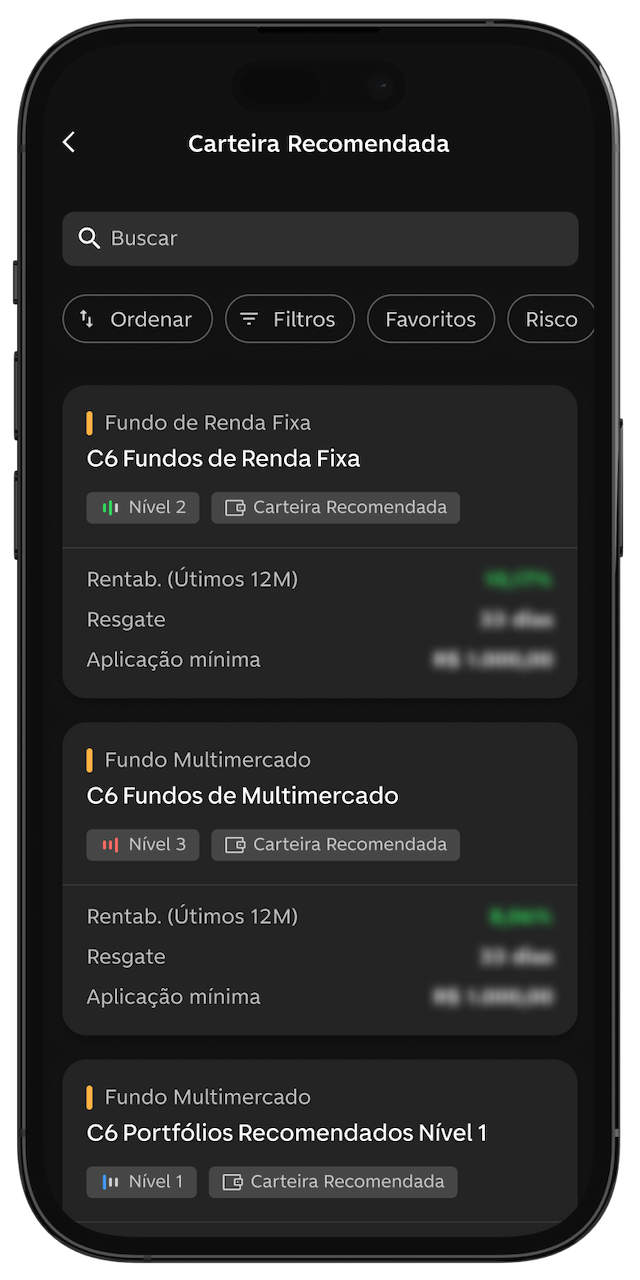 Tela do app C6 Bank com três carteiras recomendadas.