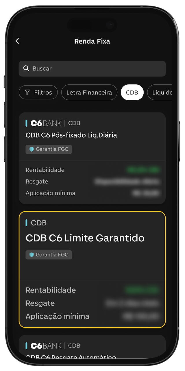 Tela do app mostra lista de CDBs com rentabilidades e prazos.