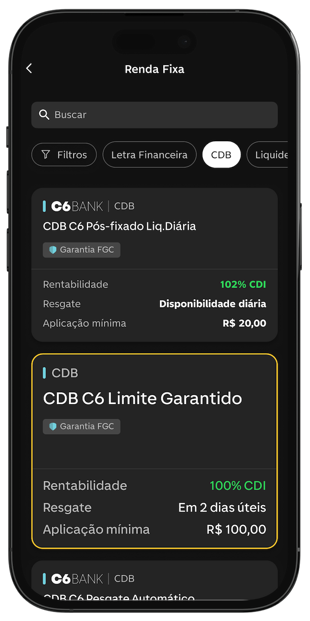 Tela do app mostra lista de CDBs com rentabilidades e prazos.