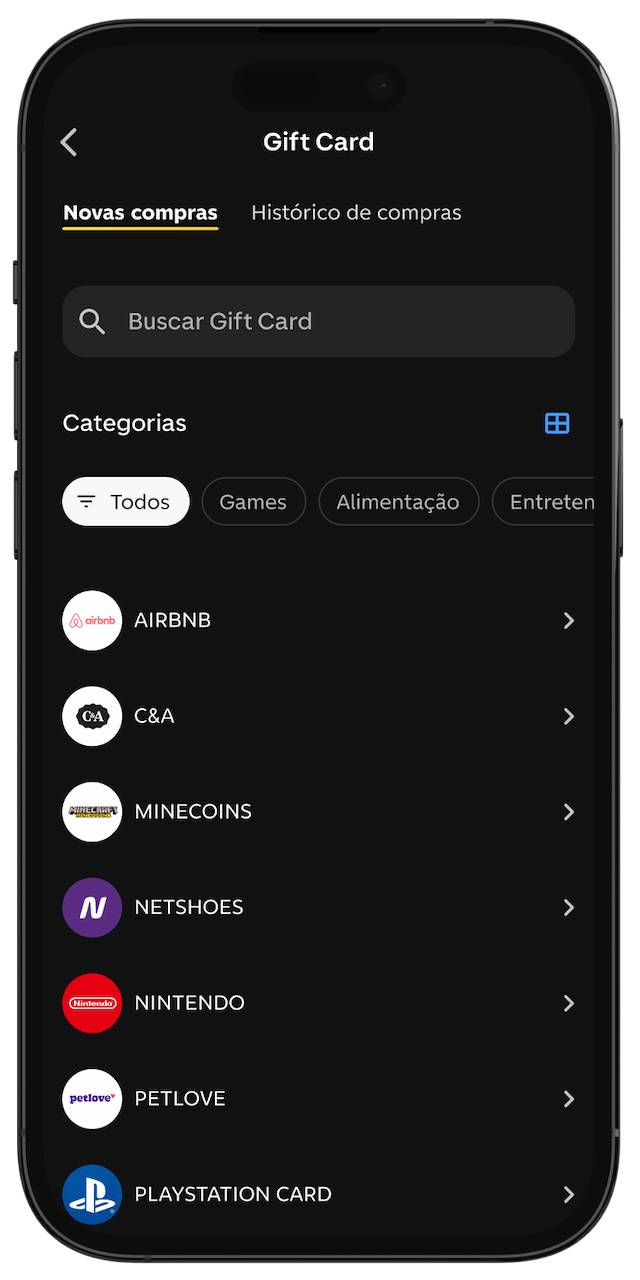 Tela do app do C6 Bank com a listagem de Gift Cards disponíveis