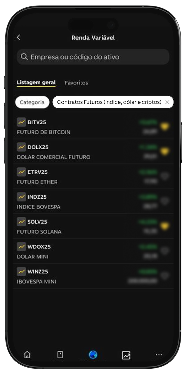 App do C6 Bank, aberto na tela de Renda Variável, com Contratos Futuros selecionado.