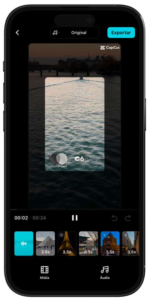 Tela do app CapCut exibindo a página de edição de vídeo com o modelo do C6 Bank