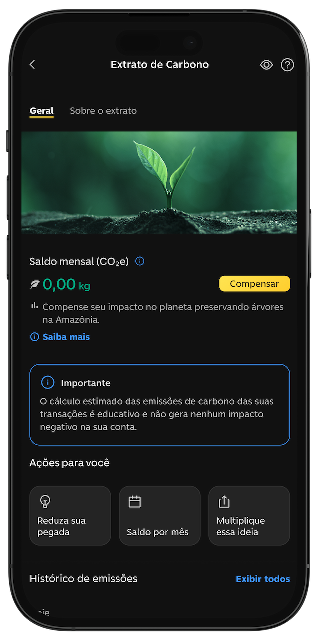 Home da área de Extrato de Carbono no app do C6 Bank.