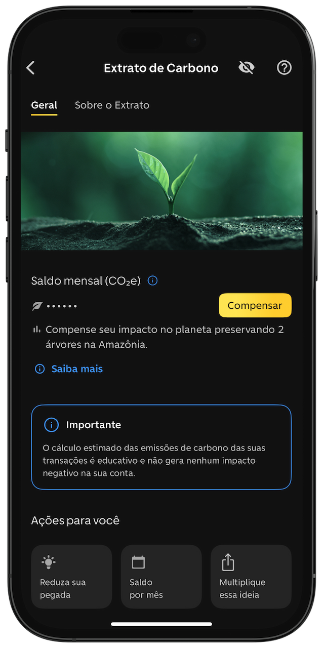App do C6 Bank, aberto na tela de Extrato de Carbono, com saldo mensal oculto.