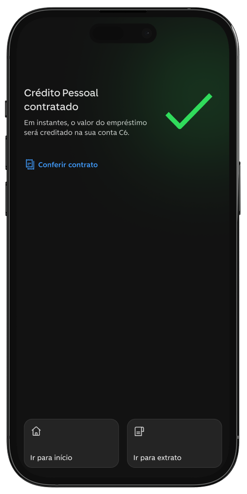Tela de confirmação de contratação do Crédito Pessoal.