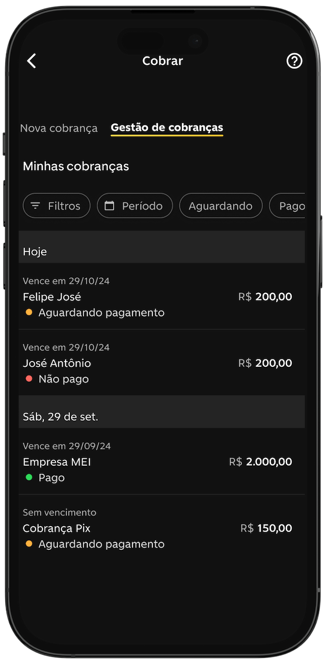 Tela do app do C6 Bank na tela de Gestão de Cobranças.