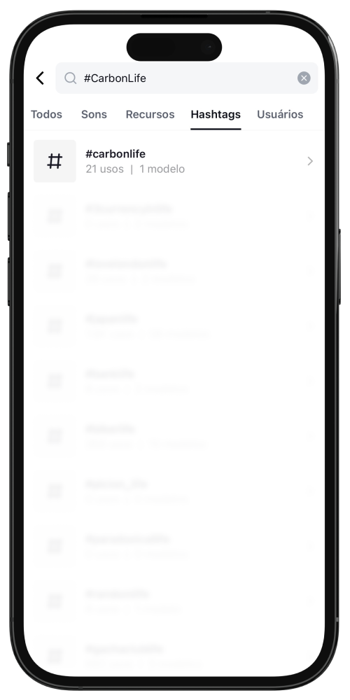 Tela do app CapCut exibindo a página de busca, mostrando a pesquisa da hashtag CarbonLife