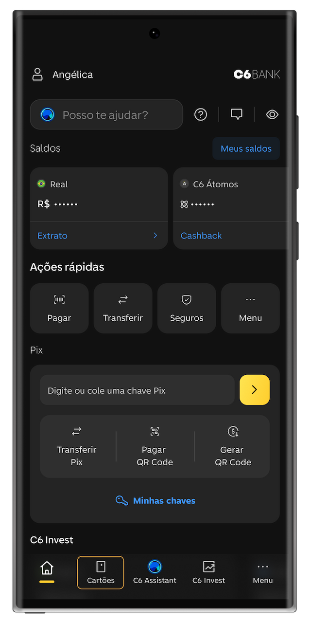 Tela da home do app do C6 Bank, com o botão de Cartões selecionado.