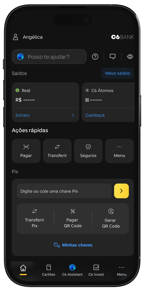 Tela da home do app do C6 Bank.