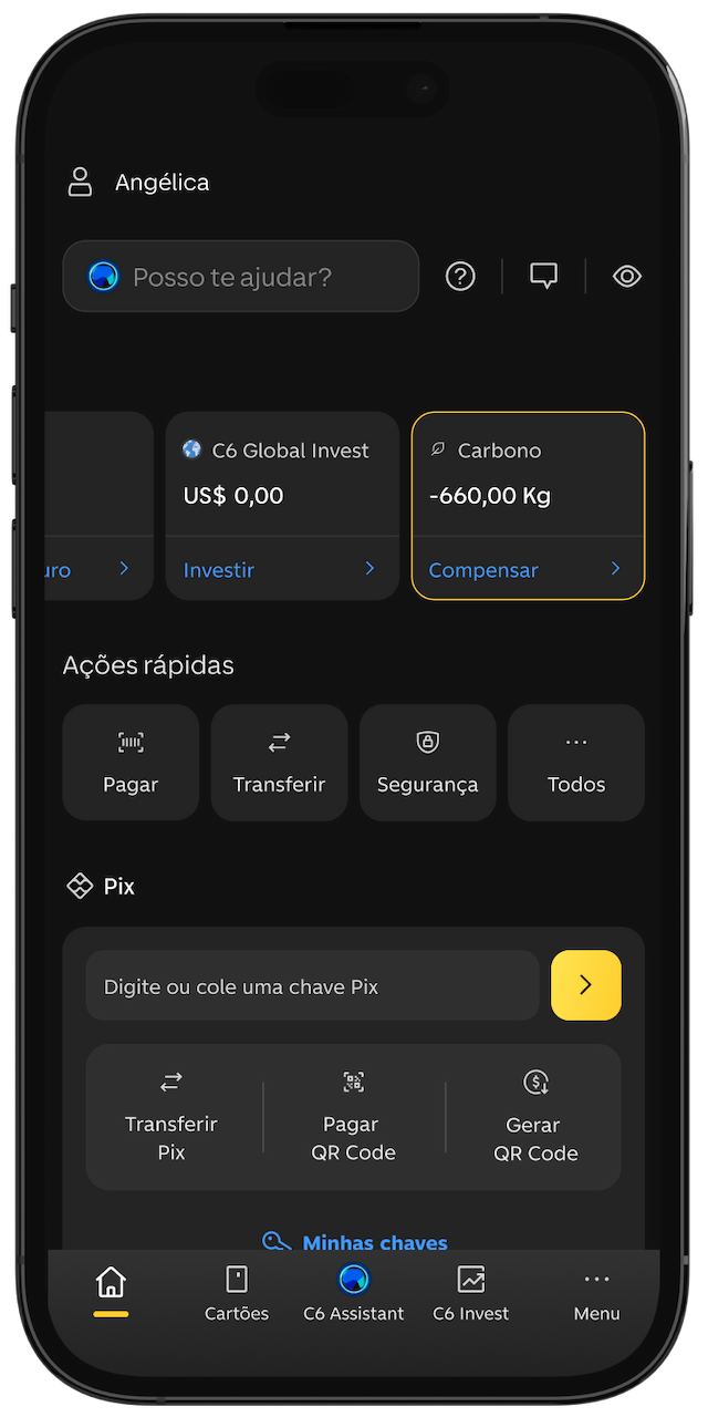Home do app do C6 Bank, com o card de "Carbono" selecionado, mostrando -660,kg.