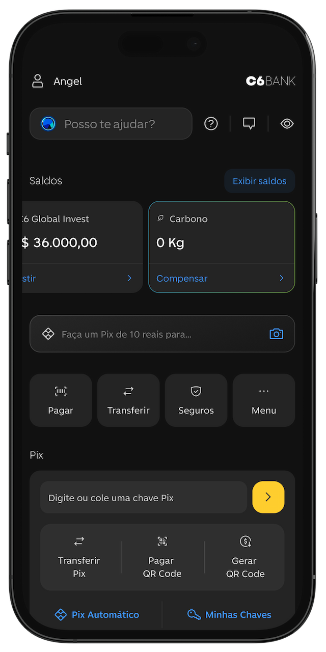 Home do app do C6 Bank, mostrando o saldo de carbono.