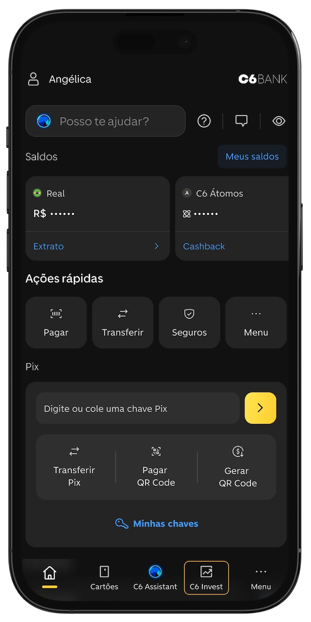 Tela da home do app do C6 Bank com C6 Invest selecionado.