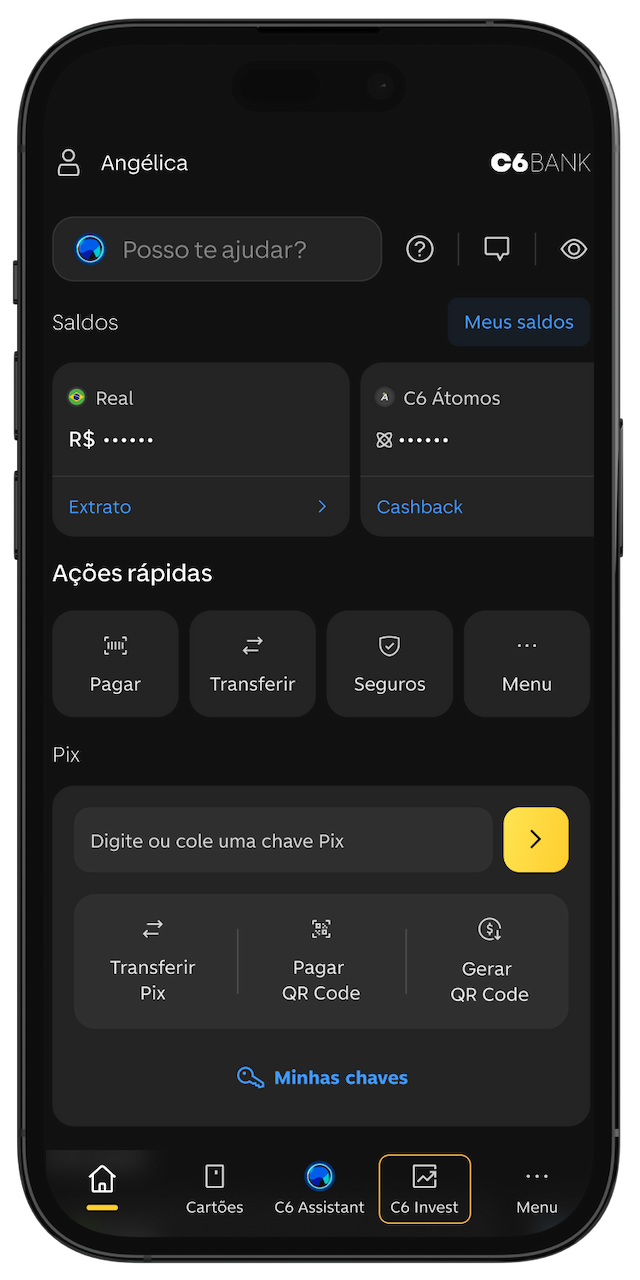 Home do app do C6 Bank.