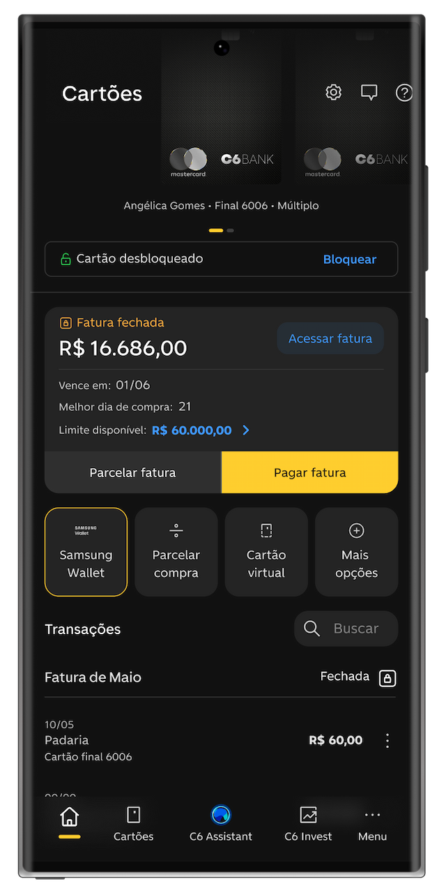Tela do app do C6 Bank na home de cartões com Samsung Wallet selecionado.
