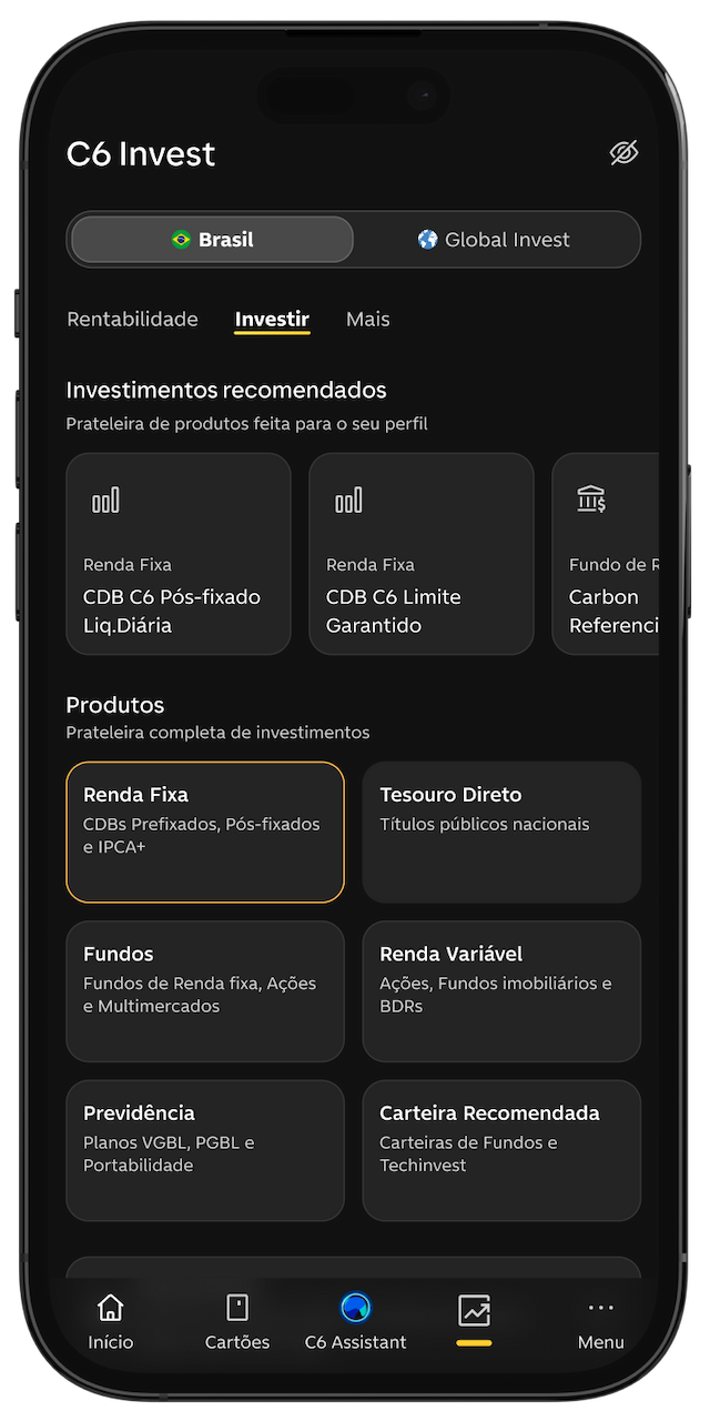 Tela da home de C6 Invest no app do C6 Bank, com a opção de Renda Fixa destacada.