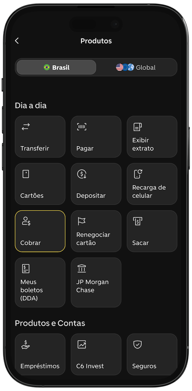 Tela do menu principal do app do C6 Bank, com Cobrar selecionado.