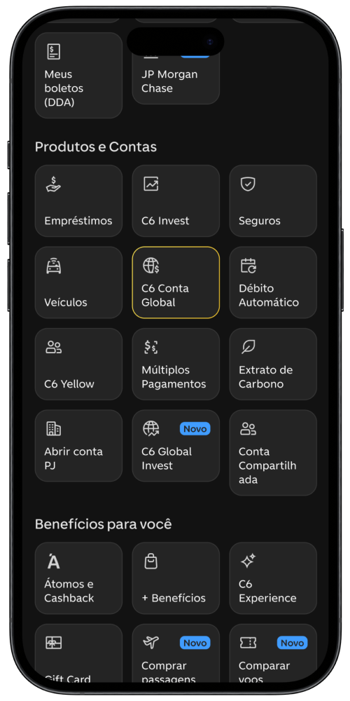 Imagem de celular aberto em sua tela o menu principal do app do C6 Bank com o botão de C6 Conta Global destacado