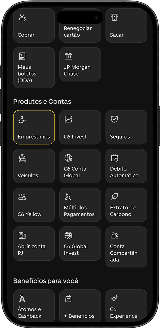 Tela do menu do app do C6 Bank com o botão de Empréstimos selecionado