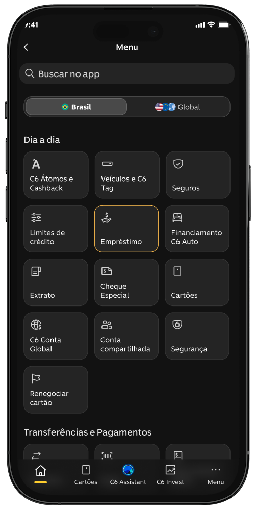 Tela do menu principal do app do C6 Bank com Empréstimo selecionado.