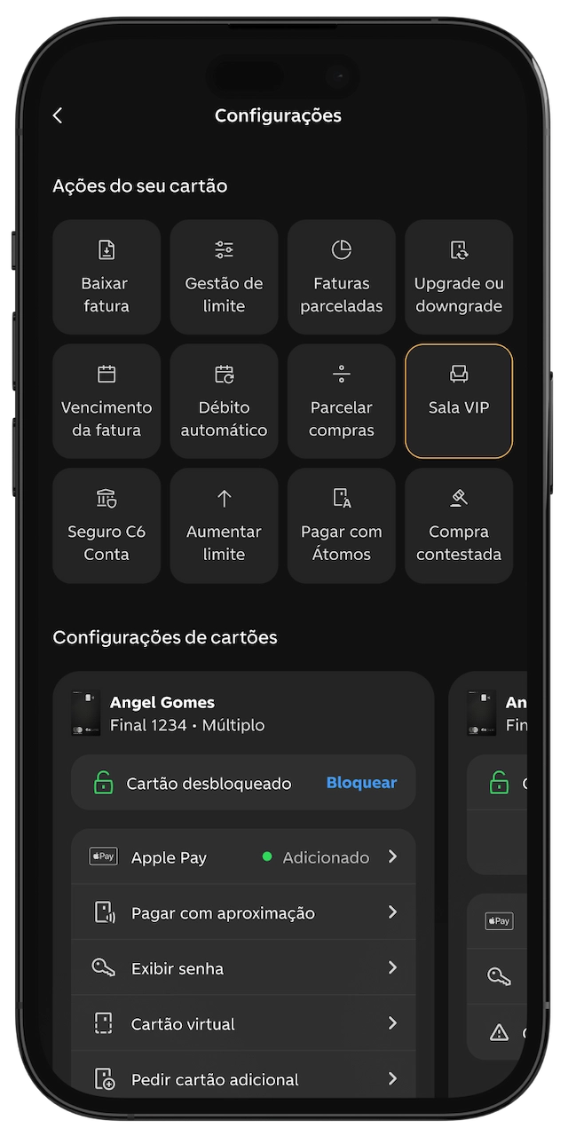 Menu do app C6 Bank com ícones de serviços do cartão, incluindo “Acesso Sala VIP” em destaque.