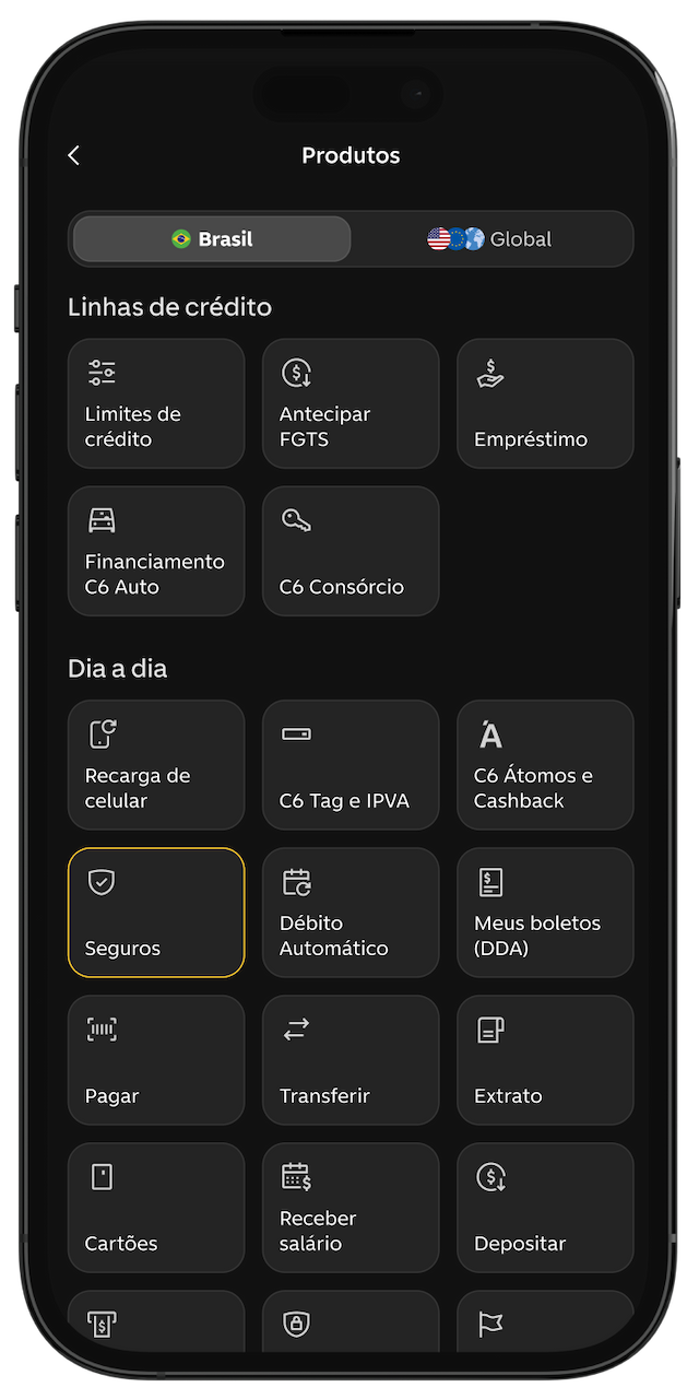 Tela do app do C6 Bank, no menu principal, com Seguros selecionado