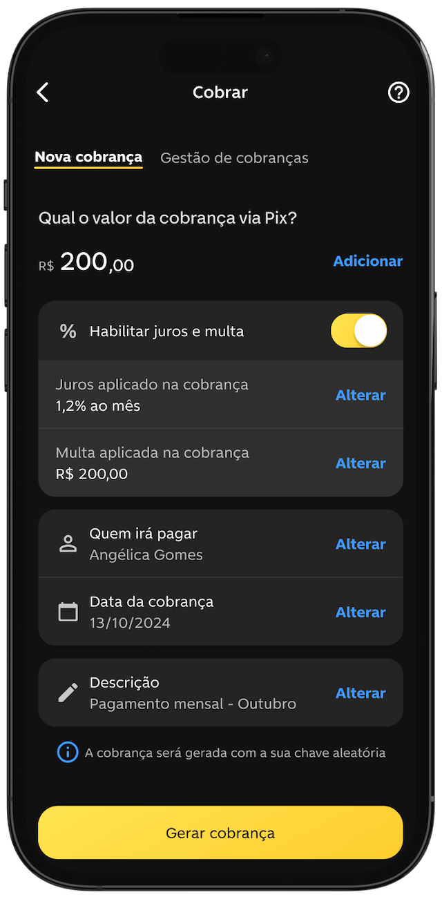 Tela do app do C6 Bank aberta em Nova Cobrança, com o valor de 200 reais digitado.