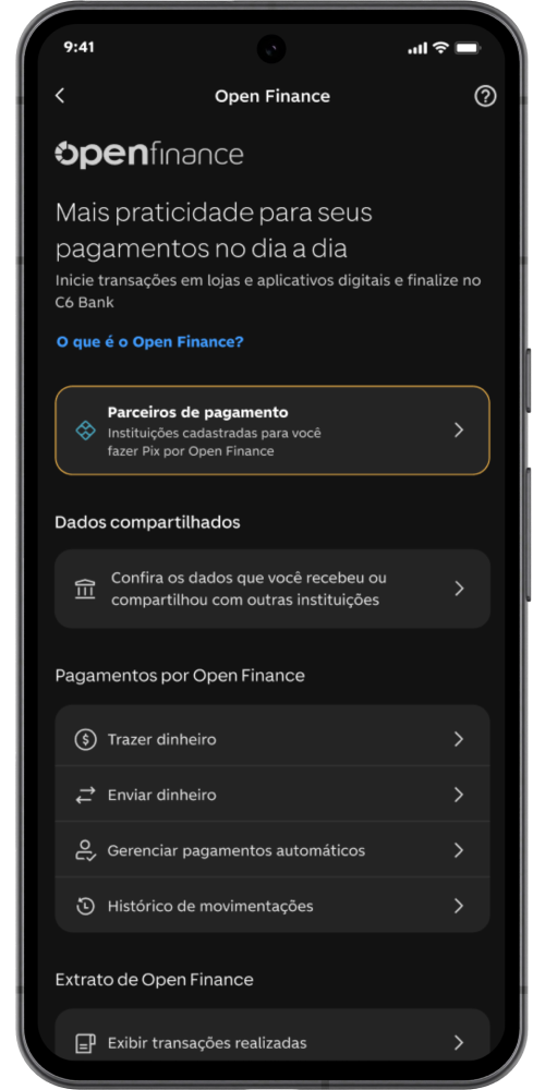 Tela de celular Android com a página de Open Finance aberta no app do C6 Bank