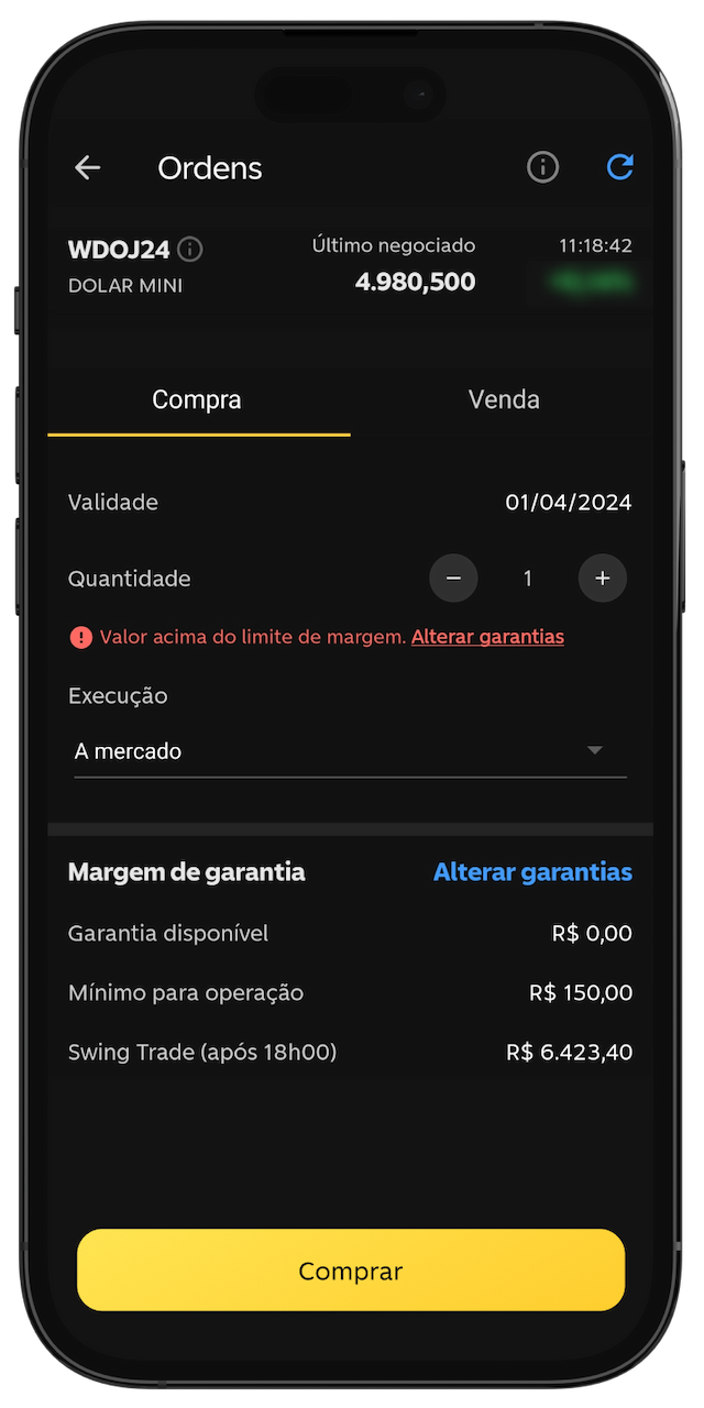 App do C6 Bank, aberto na tela de Compra e Venda de ações.