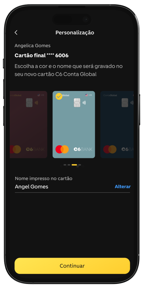 Tela de personalização do cartão da C6 Conta Global